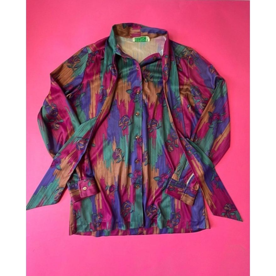 Vintage Vintage 70s Pink Purple Long Sleeve Secretary Bow Small Med Size M / US 6-8 / IT 42-44 - 1 Thumbnail