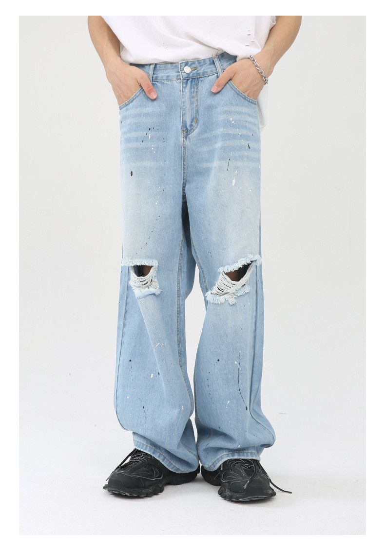 Japanese Brand Light blue ink wash distressed vintage straight ripped jeans Size US 34 / EU 50 - 1 Thumbnail