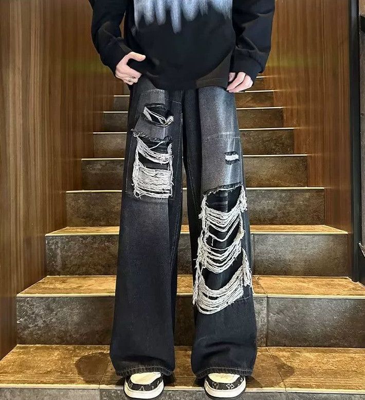 Japanese Brand Men's American retro loose wide-leg straight ripped jeans Size US 32 / EU 48 - 1 Thumbnail