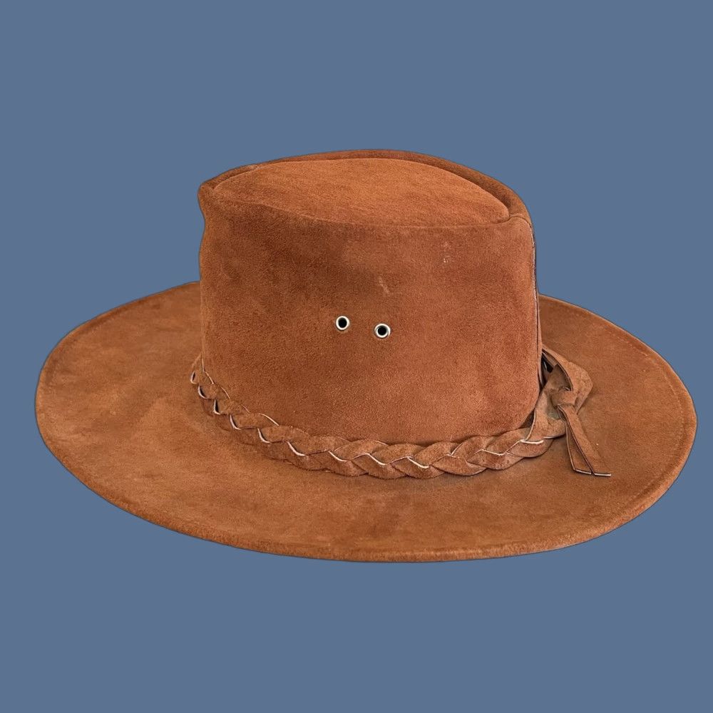 Vintage VINTAGE Australia Down Under Cowboy Brown Leather Suede Country Hat L Men Brown Cowboy/Western 23” circumference Boys/Girls? Size ONE SIZE - 1 Thumbnail