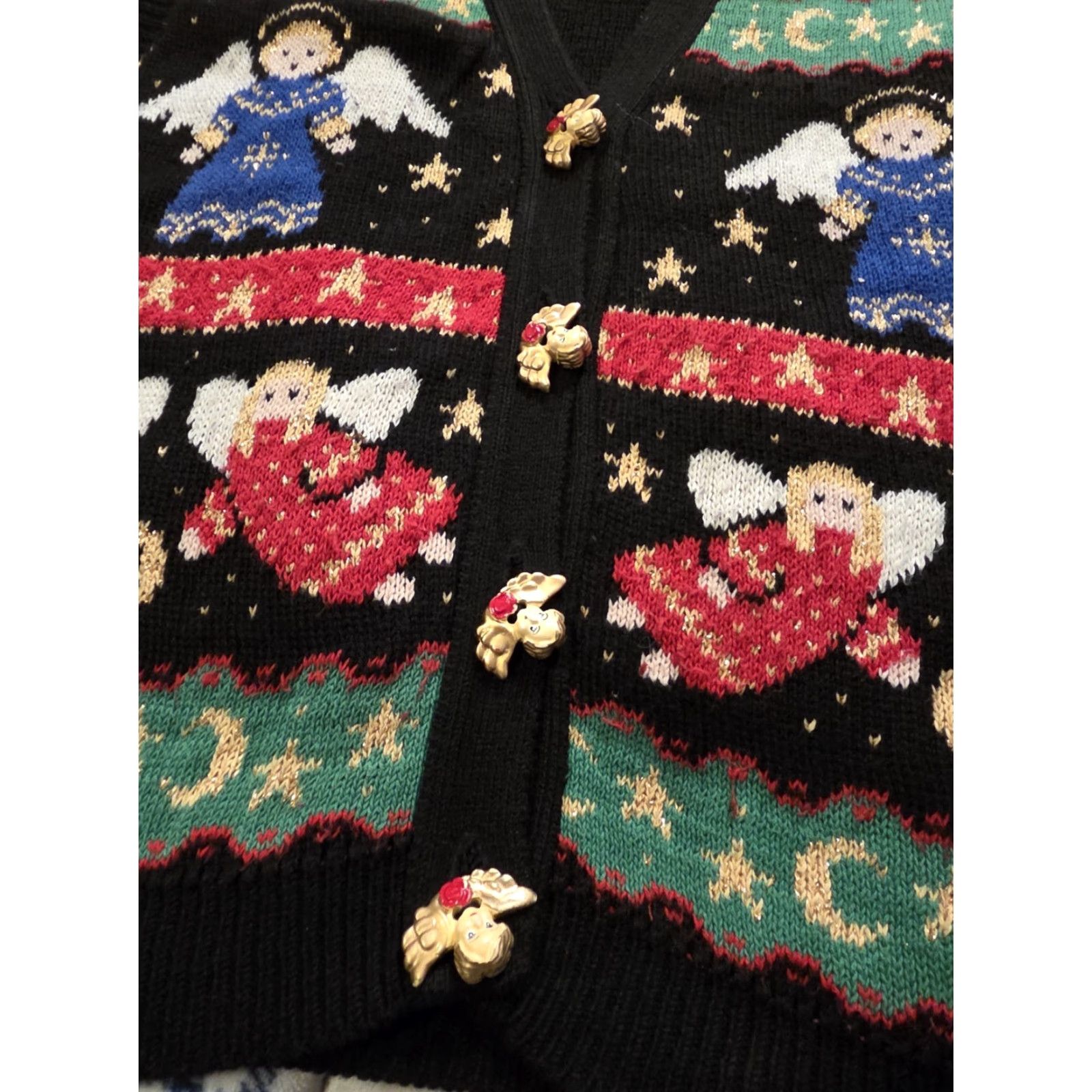 Loft VINTAGE Sweater Loft Knit Cardigan Vest Womens M Black Sleeveless V-Neck Embroidered Button Christmas 90s Religion Casual Party/Cocktail Size M / US 6-8 / IT 42-44 - 6 Thumbnail