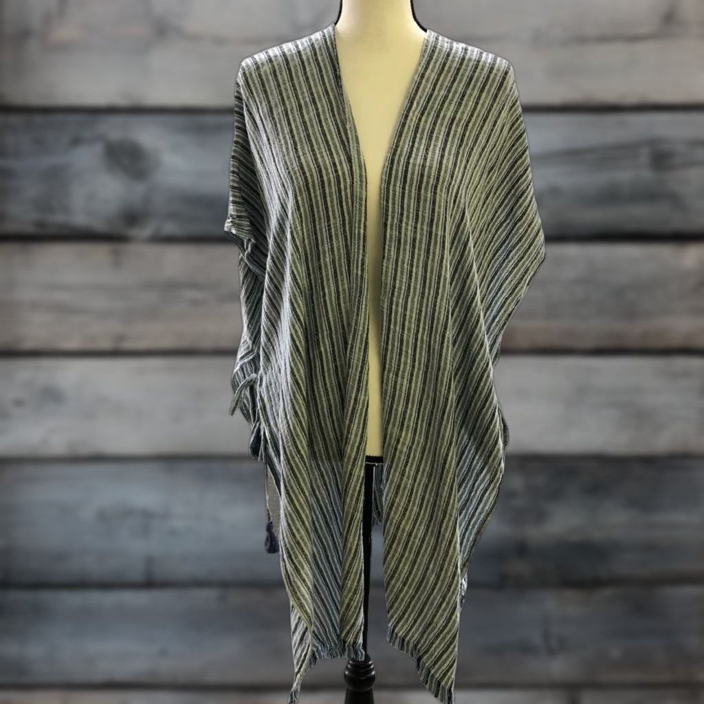 Treasure & Bond VINTAGE Treasure & Bond Kimono Cardigan Womens One Size Blue Striped Fringe Lightweight Boho Beach Size ONE SIZE - 1 Thumbnail
