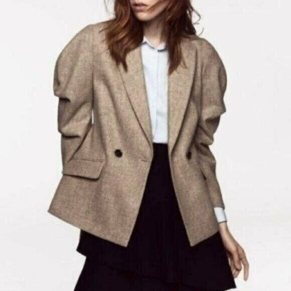 Zara Zara Tan Ruched-Sleeve Lambswool Blazer Sz S NEW Size S / US 4 / IT 40 - 2 Thumbnail