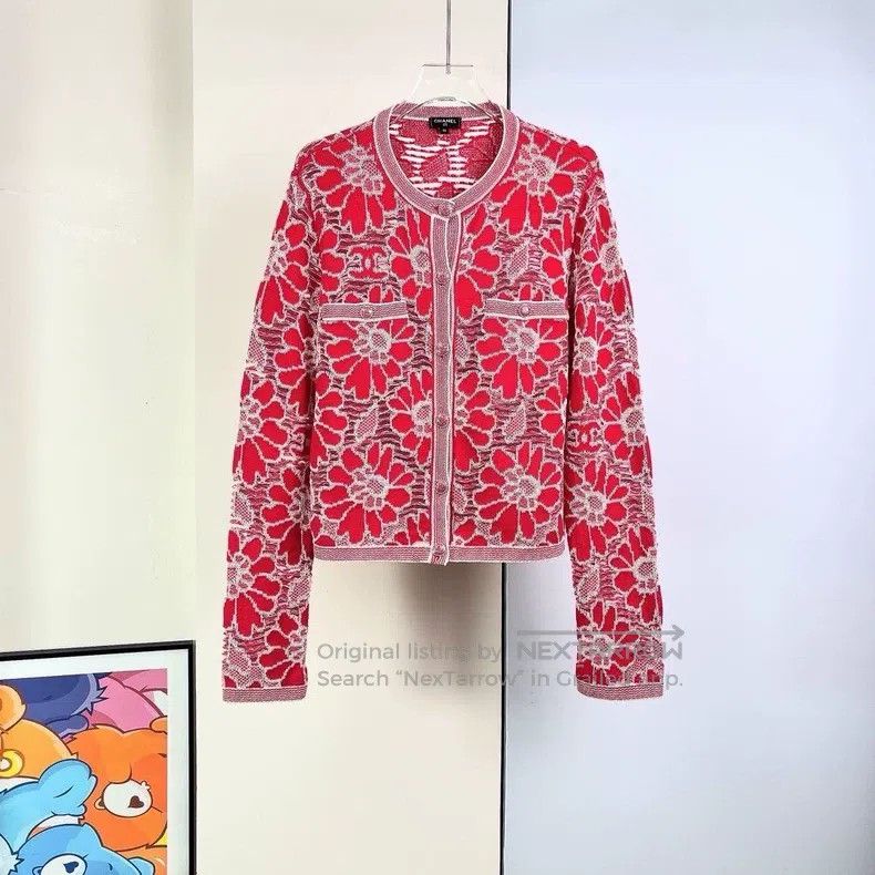 Chanel Red flower crochet lace knitted cardigan coat