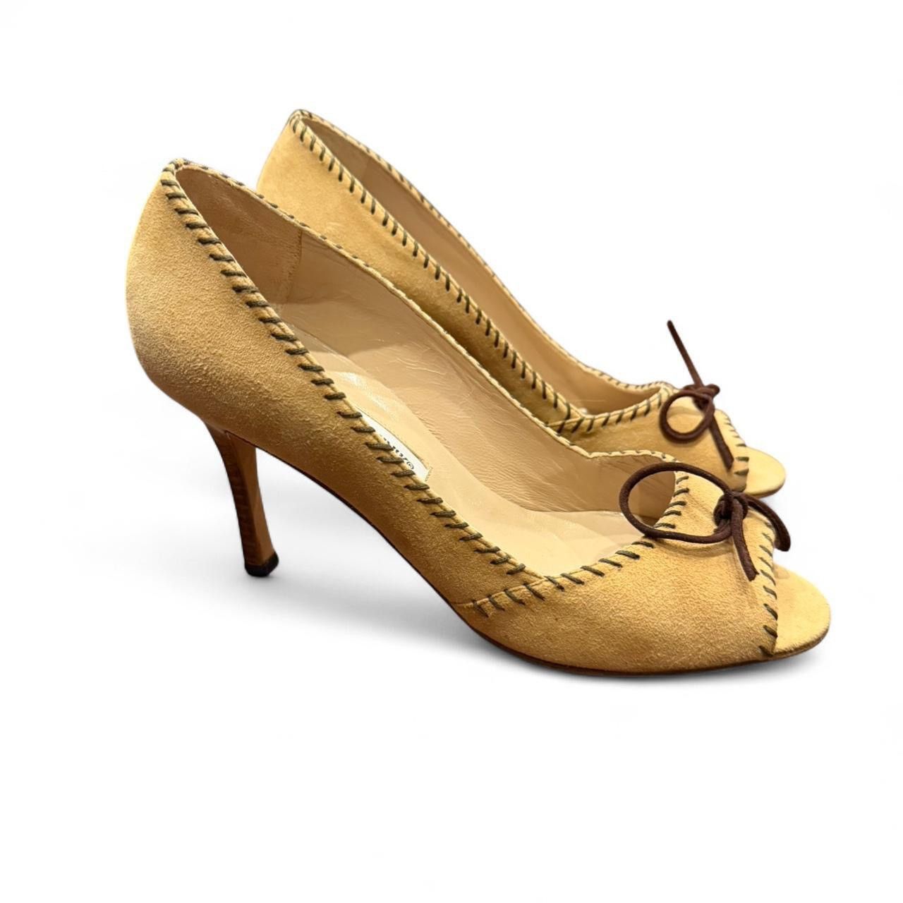 Manolo Blahnik Vintage Manolo Blahnik Suede Peep Toe Pumps Camel Size US 8.5 / IT 38.5 - 4 Thumbnail