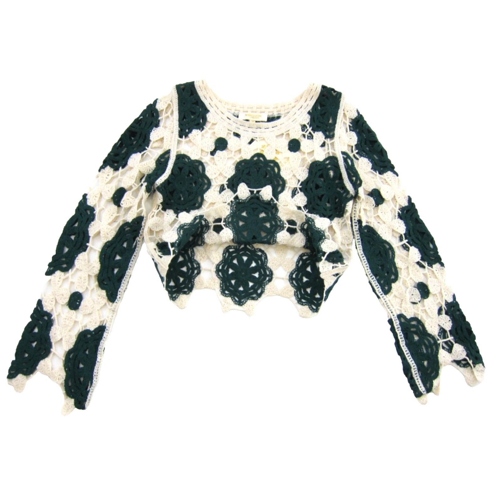 Vintage NWT Rebellion Again Green Ivory Floral Crochet Open Knit Cropped Sweater XS Size XS / US 0-2 / IT 36-38 - 5 Thumbnail