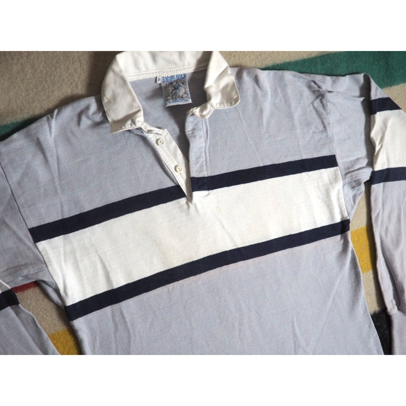 Lands' End VTG Lands' End Rugby Polo Shirt L/S Gray White Stripe USA 80s 90s Cotton XL Men Size US XL / EU 56 / 4 - 2 Thumbnail