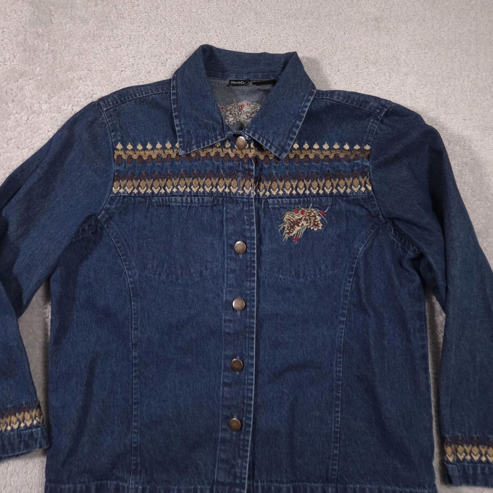 Denime VINTAGE NorthCrest Jacket Womens Large Blue Denim Fair Isle Pinecone Embroidered Holiday Size L / US 10 / IT 46 - 4 Thumbnail