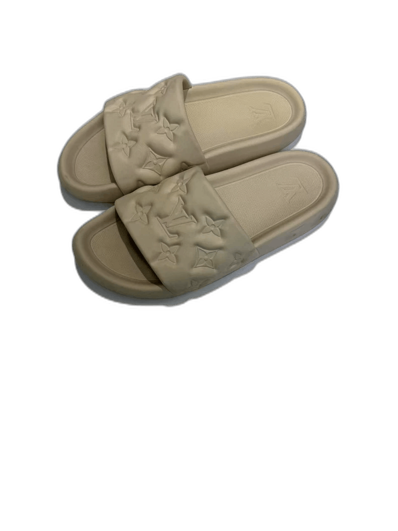 Louis Vuitton LV beige embossed logo slides Size US 13 / EU 46 - 1 Thumbnail