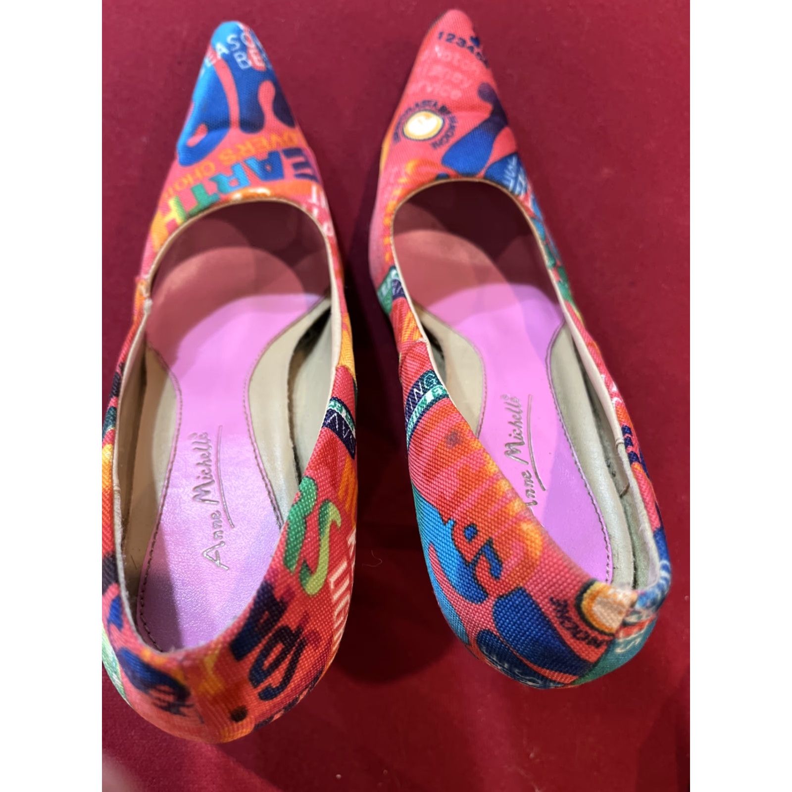 Vintage VINTAGE Anne Michelle Grafitti Word Art Pump Heel 4” Fuel 01 Stiletto Pink 7.5 Womens Shoes Size US 8 / IT 38 - 3 Thumbnail