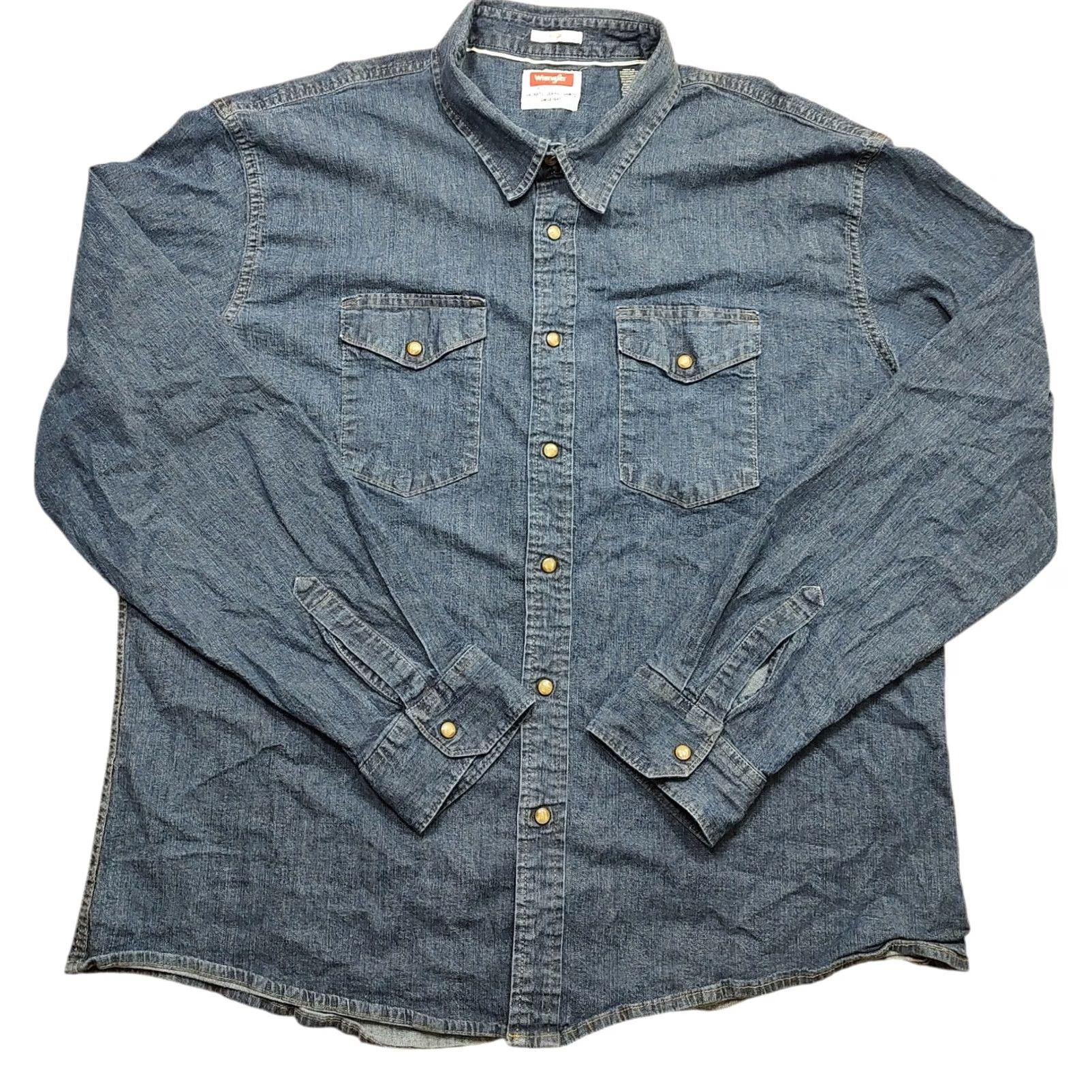 Wrangler VINTAGE Wrangler Shirt Mens 3XL Blue Denim Western Pearl Snap Long Sleeve Shirt Size US XXL / EU 58 / 5 - 2 Thumbnail