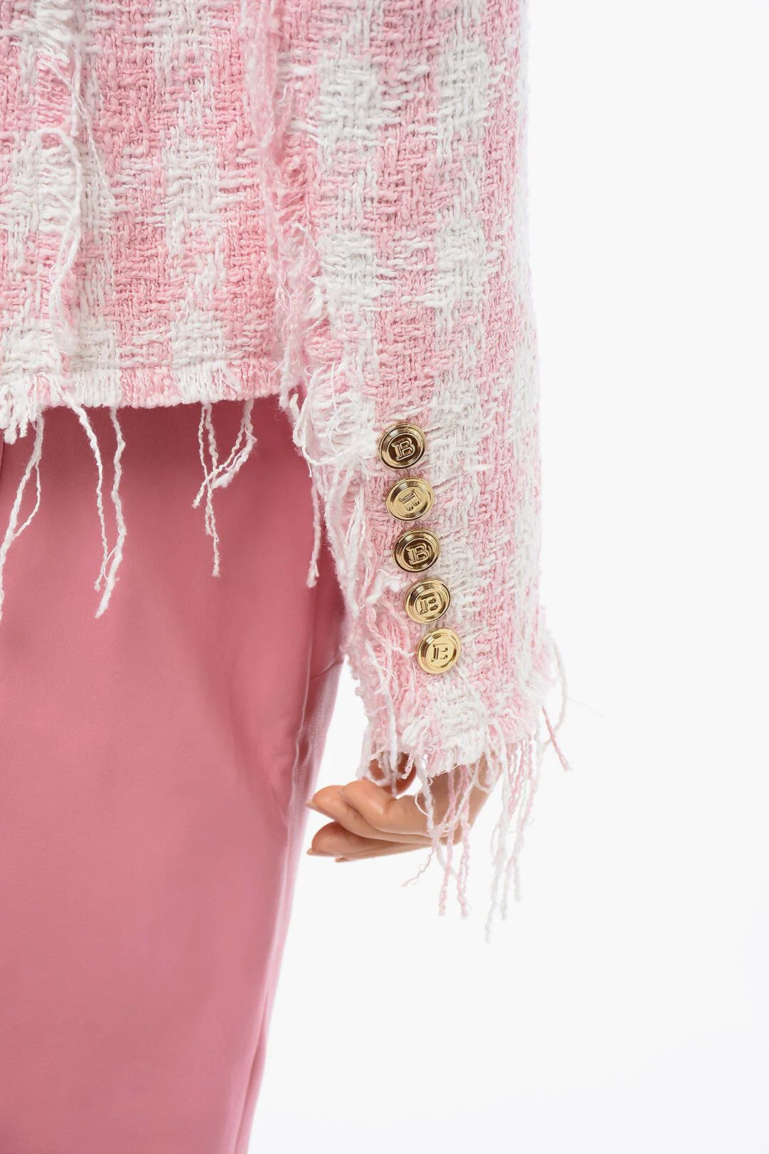 Balmain og1mm0326 Fringed Tweed Jacket in Pink Size XS / US 0-2 / IT 36-38 - 3 Thumbnail