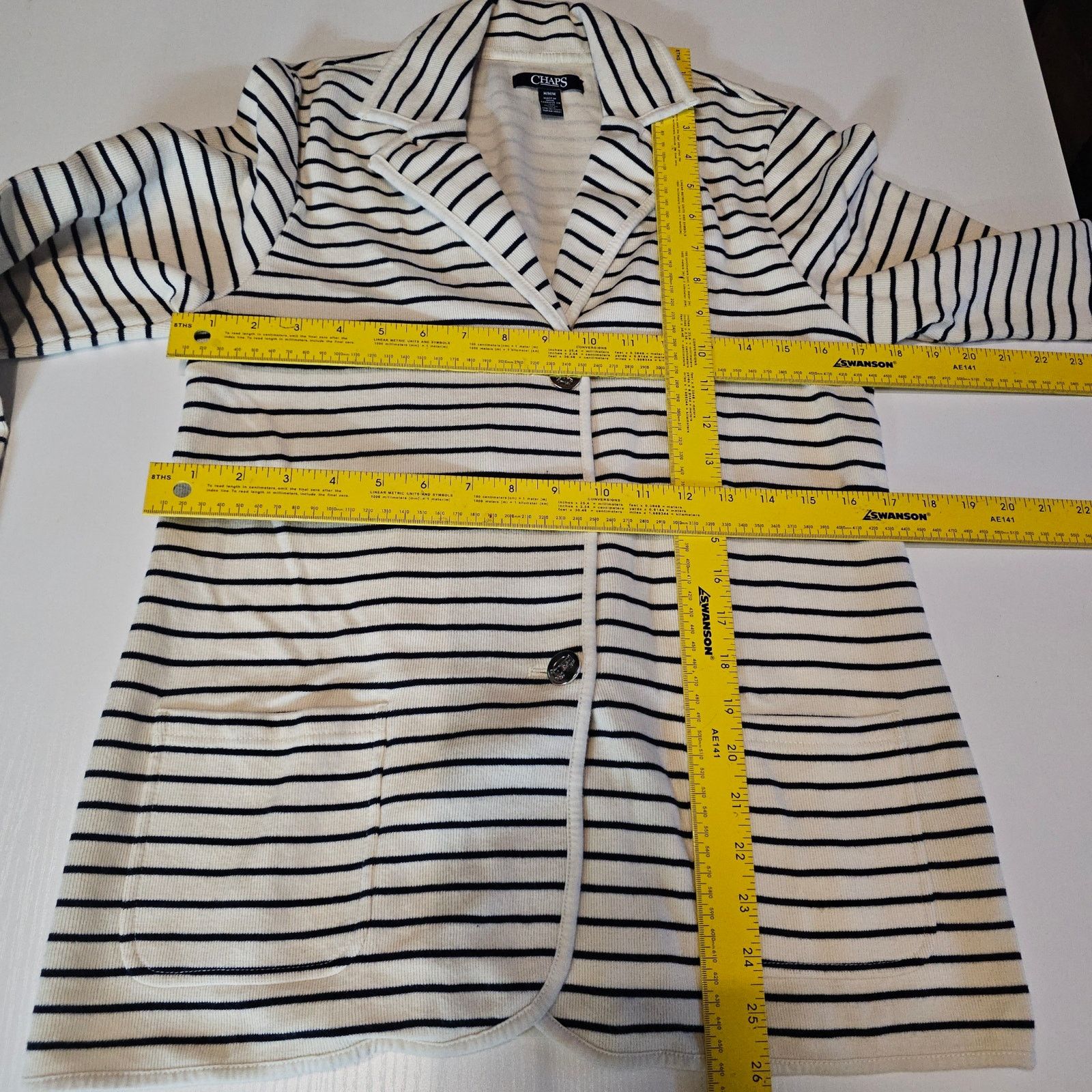 Chaps Ralph Lauren Chaps Striped Preppy Knit Blazer Jacket Cream Navy M 3613 Size M / US 6-8 / IT 42-44 - 7 Thumbnail