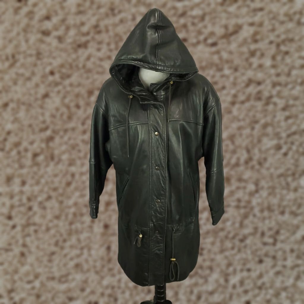 VINTAGE Tannery West Black Leather Jacket Womens XS Hooded Lined Long Sleeve Mid-Length