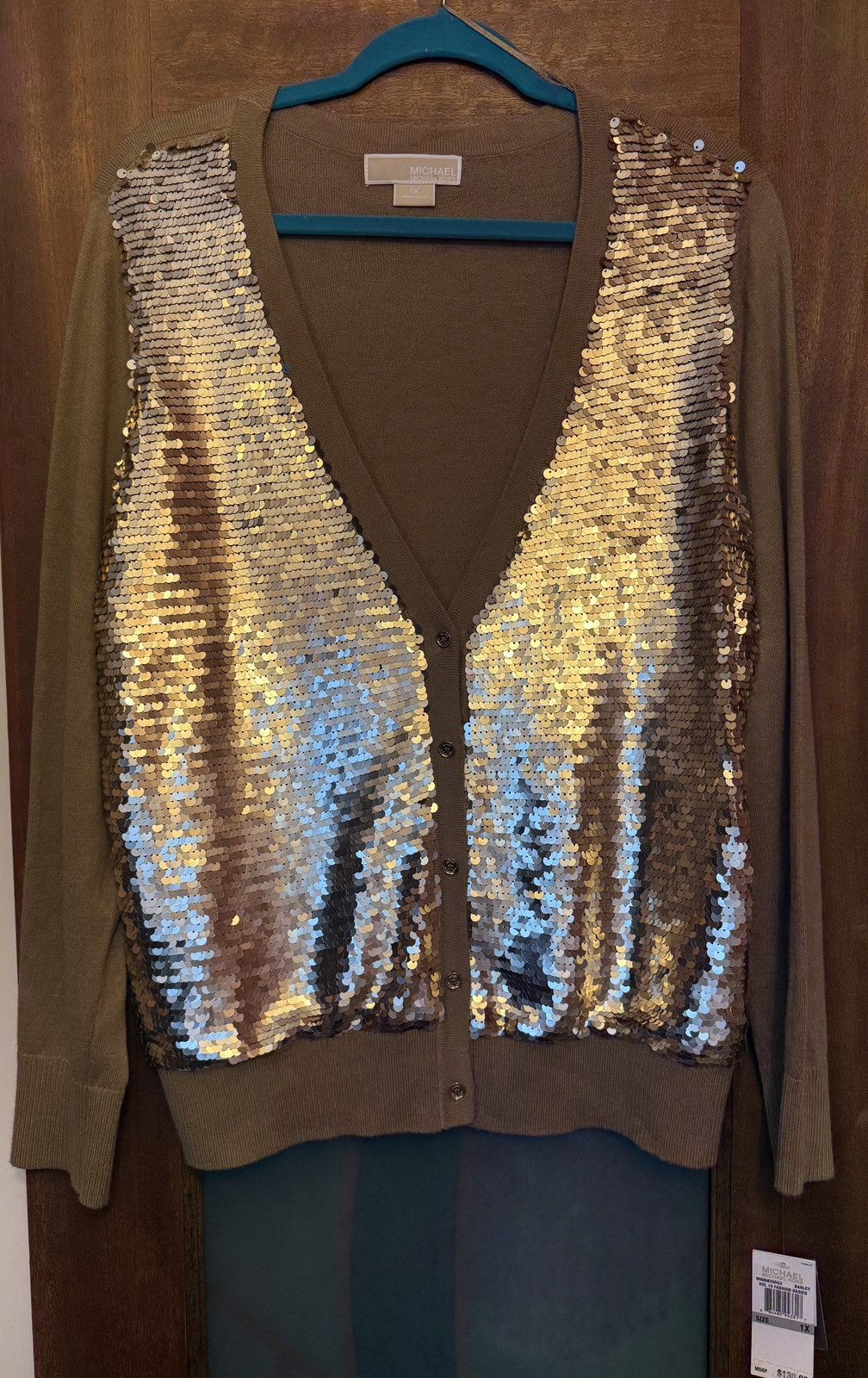 Michael by Michael Kors Gold Sequin Tan V-neck Cardigan