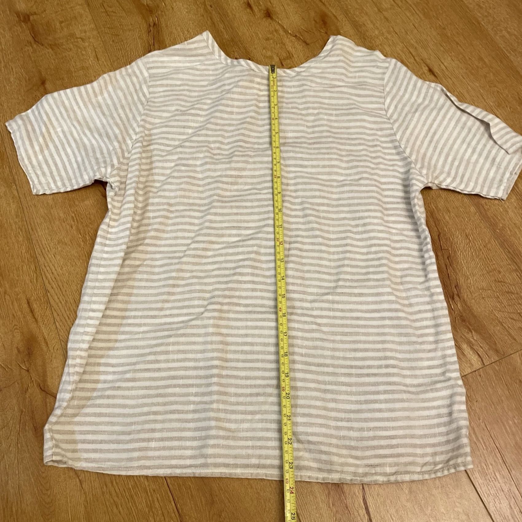 FLAX FLAX by Angelheart Linen Stripe Tan Cream Top Short Sleeve Lagenlook S Boho Shirt Blouse White Beige Linen 100% Women's Slim Regular Vintage: No Size S / US 4 / IT 40 - 7 Thumbnail