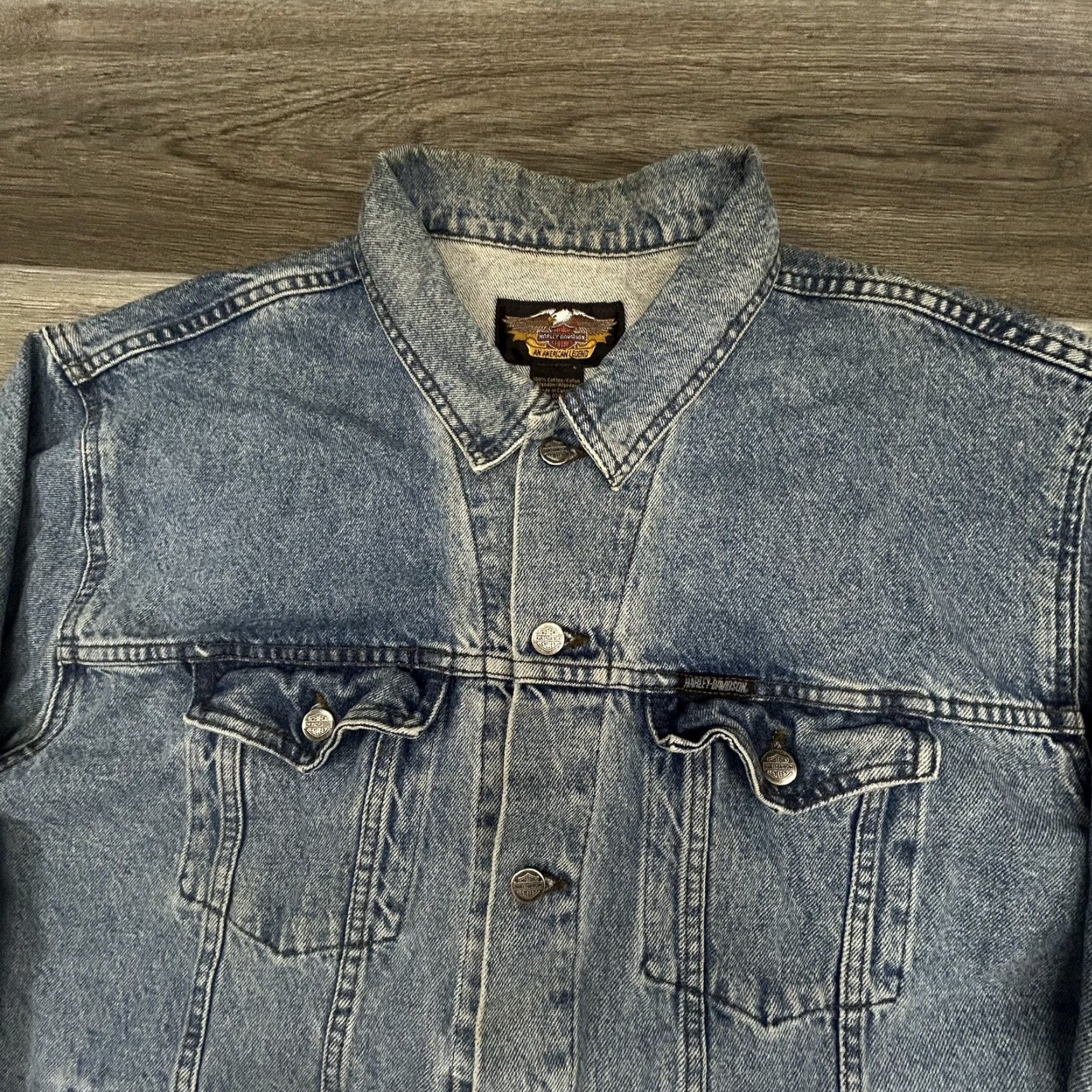Harley Davidson VINTAGE Harley-Davidson Denim Jacket Mens 2XL Blue Eagle USA Flag Biker 90s Size US XXL / EU 58 / 5 - 7 Thumbnail