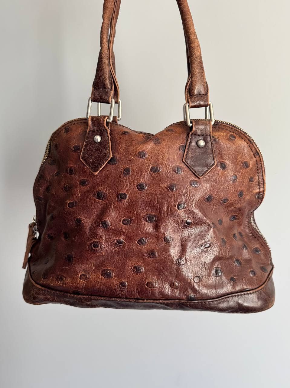 Vintage Vintage Leather Handbag Ostrich Embossed Brown Shoulder Bag Size ONE SIZE - 6 Thumbnail