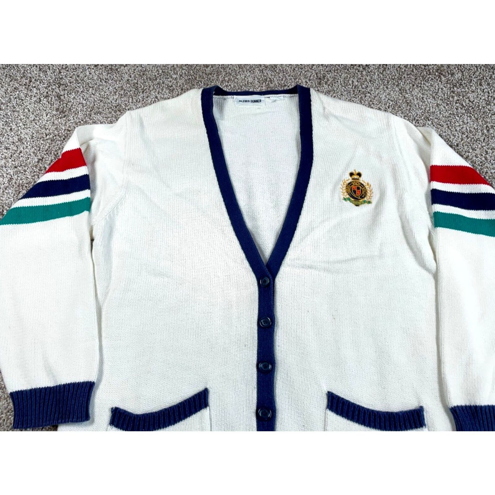 Vintage VINTAGE Women's XL 90s Collegiate Style Cardigan Sweater Alfred Dunner White Knit-Stripe Long Sleeve Casual Preppy Size XL / US 12-14 / IT 48-50 - 4 Thumbnail