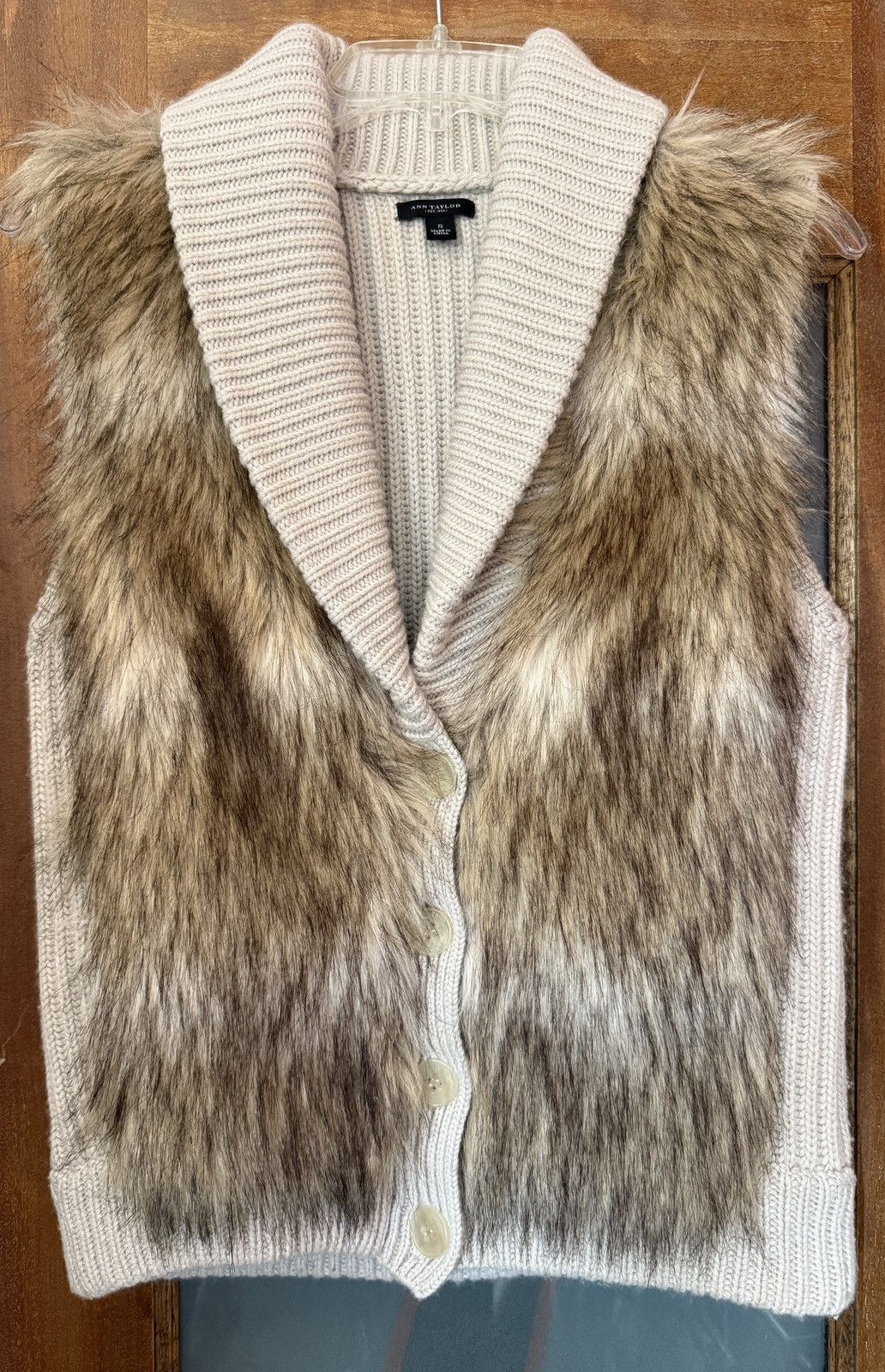 Ann Taylor Merino Wool Blend Beige Tan Faux Fur Vest Jacket