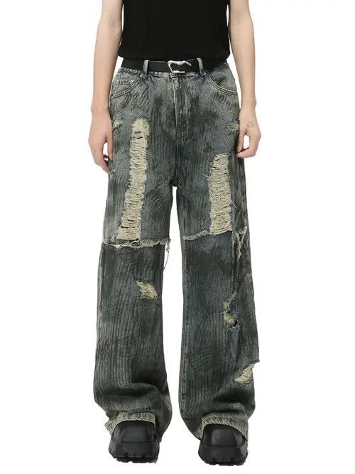 Retro patchwork straight leg ripped jeans