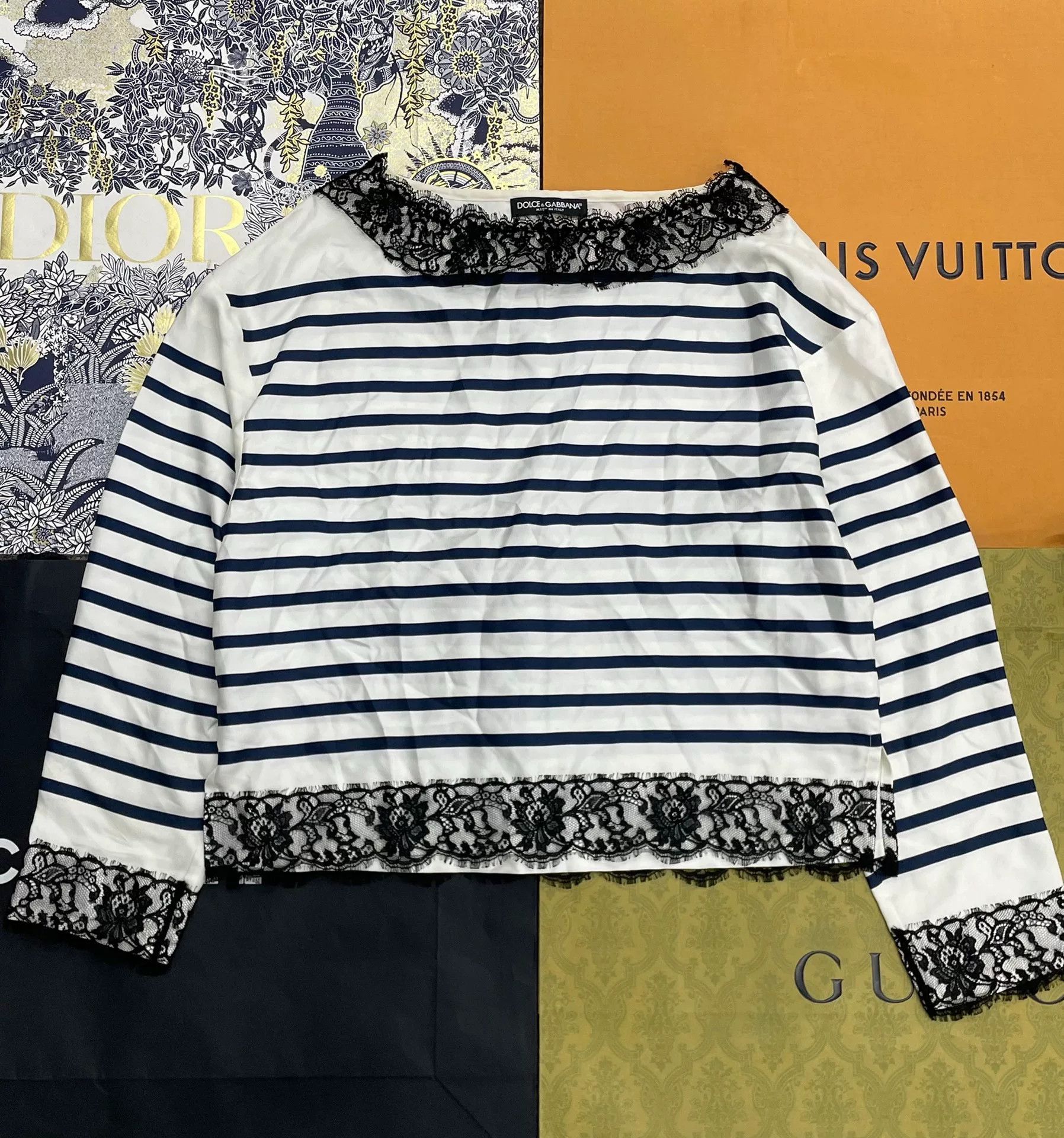 Dolce & Gabbana Dolce&Gabbana Silk Stripe Lace Top Size S / US 4 / IT 40 - 1 Thumbnail