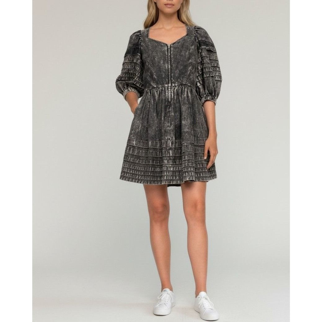 Sea New York Sea New York Dylan Mini Dress 00 Black Chambray Puff Sleeve Size XXS / US 00 / IT 34 - 3 Thumbnail