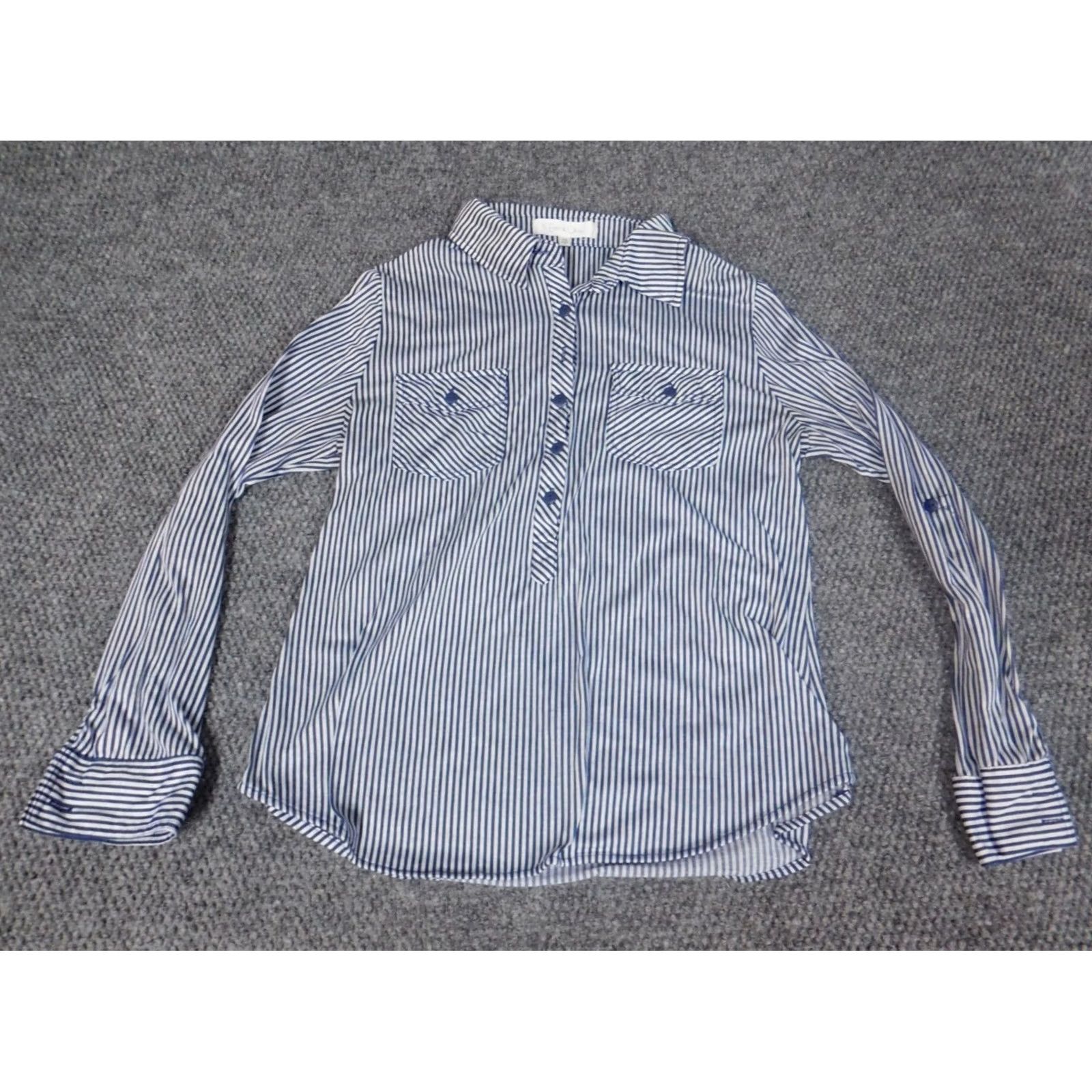Vintage Eden & Olivia Blouse Womens Petites PM Dolman Long Sleeve Blue Striped Collared Pullover Casual Regular Stretch Dog Theme Viscose Down Size M / US 6-8 / IT 42-44 - 2 Thumbnail