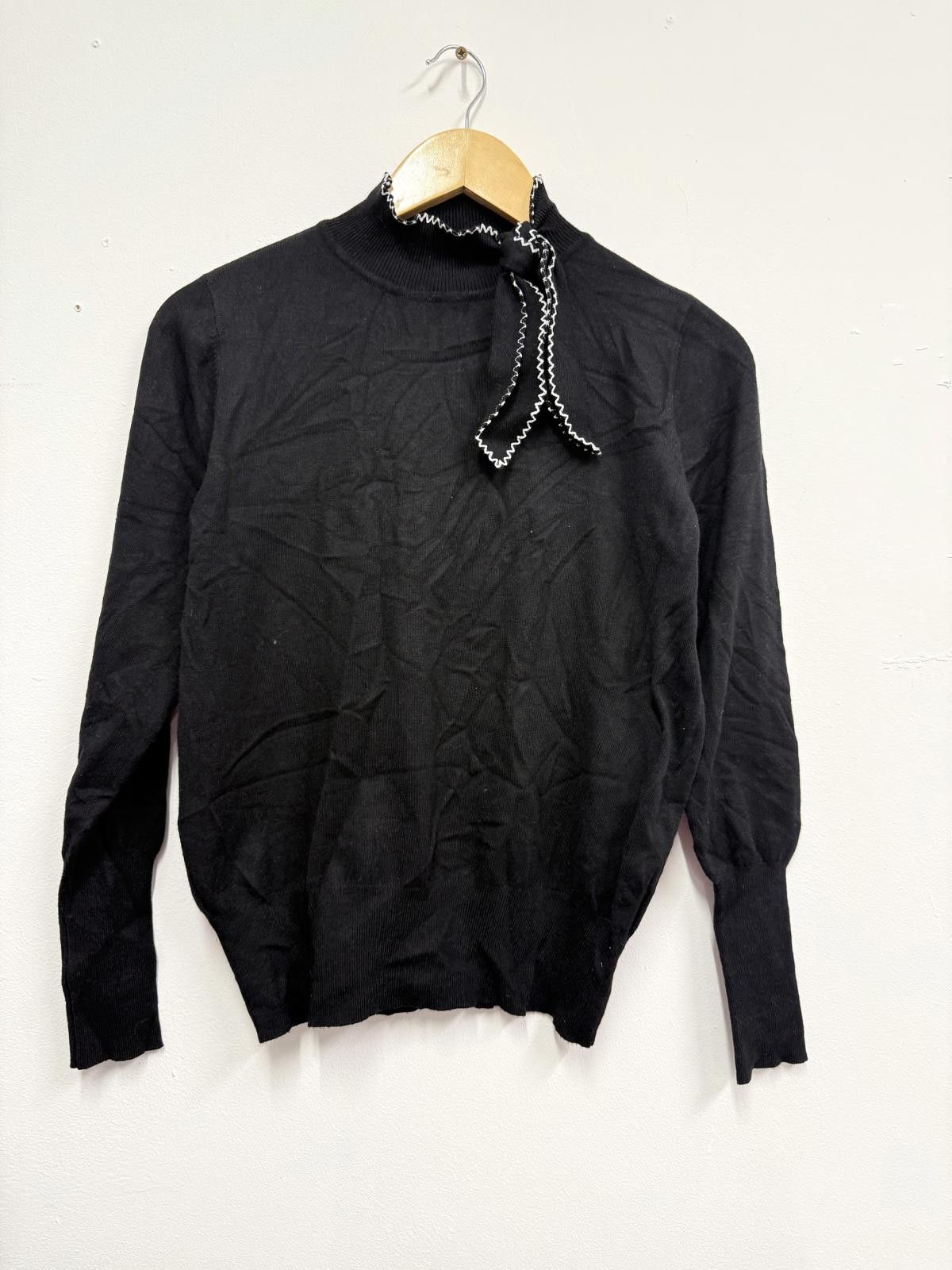 Reserved Black Long Sleeve Knit Top with Neck Tie Detail Size L / US 10 / IT 46 - 1 Thumbnail