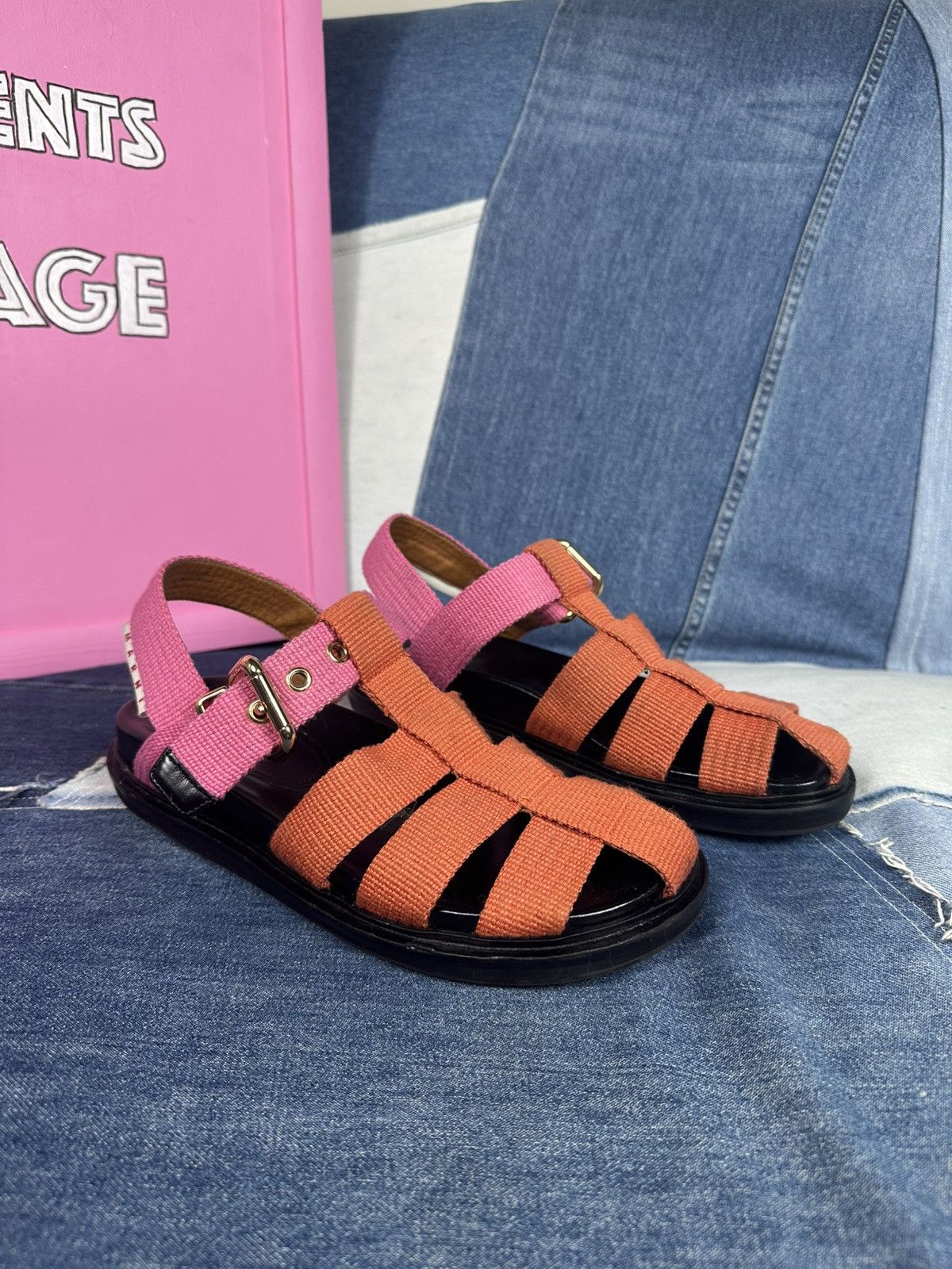 Marni Marni Orange & Pink Fisherman Sandals Canvas Straps Leather Size US 7 / IT 37 - 1 Thumbnail