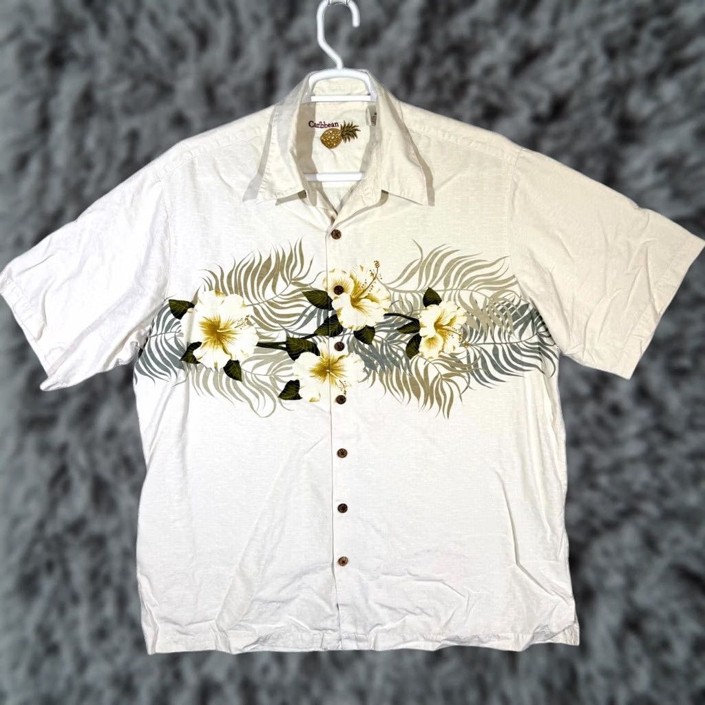 Vintage Caribbean Shirt XLT Button-Up Shirt Men Floral Cream Silk Cotton Short Sleeve Tropical Hawaiian Shirt Size US XL / EU 56 / 4 - 1 Thumbnail