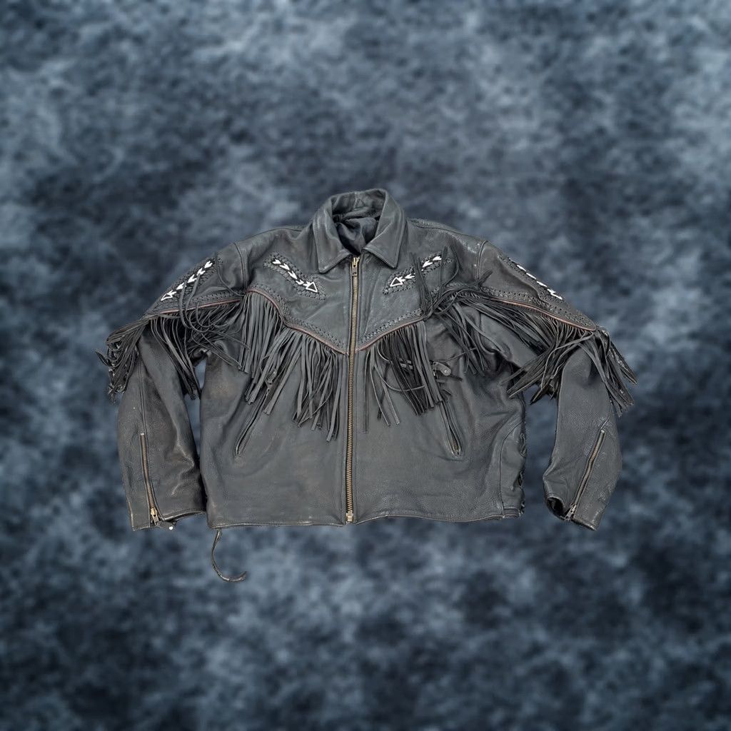 VINTAGE Leather Jacket Mens XL Black Tassle Beaded Full Zip Pebbled 90s Biker Mens