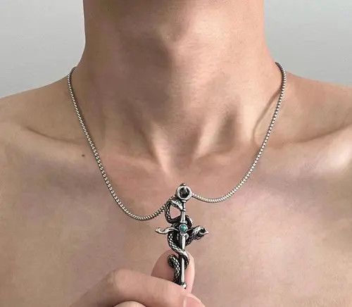 Jewelry Silver Snake & Cross - Blue Gemstone Pendant Necklace Size ONE SIZE - 3 Thumbnail