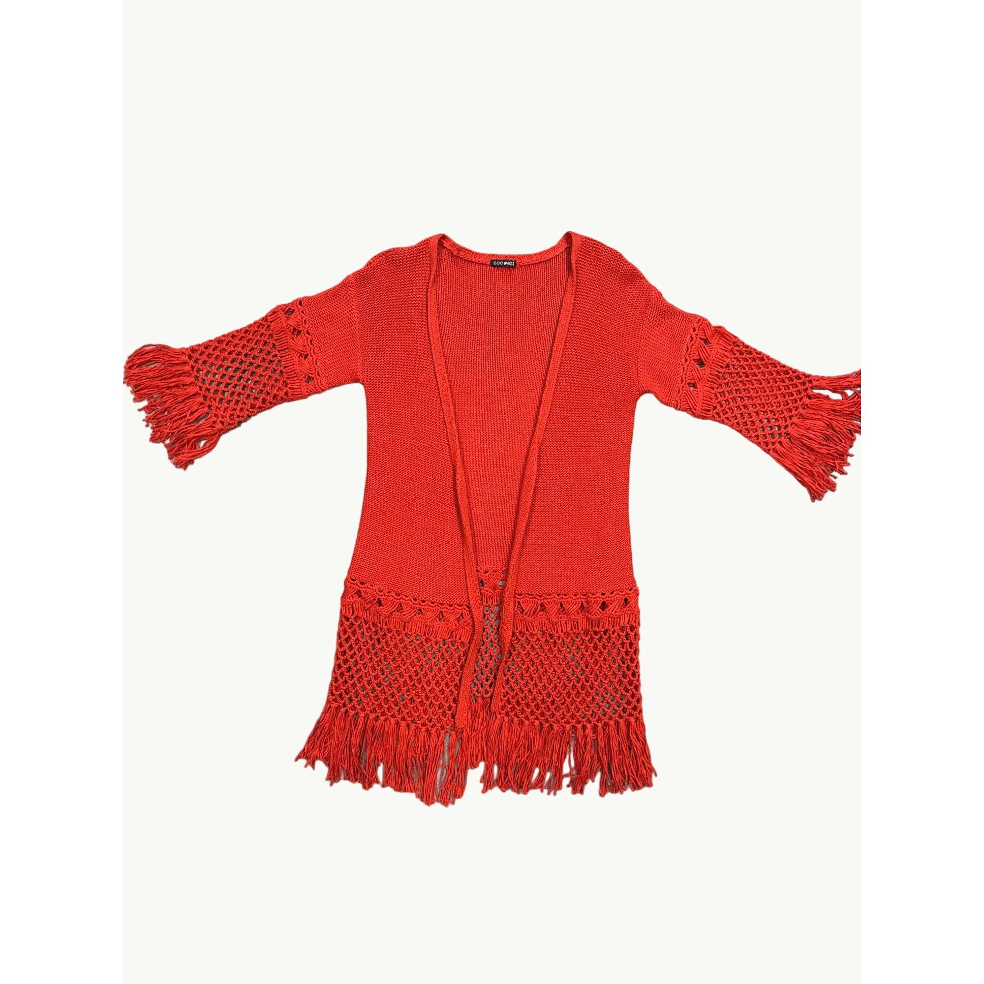 Other 600 West Rust Red Boho Fringe Cardigan Open Knit Sweater Cro Size M / US 6-8 / IT 42-44 - 9 Thumbnail