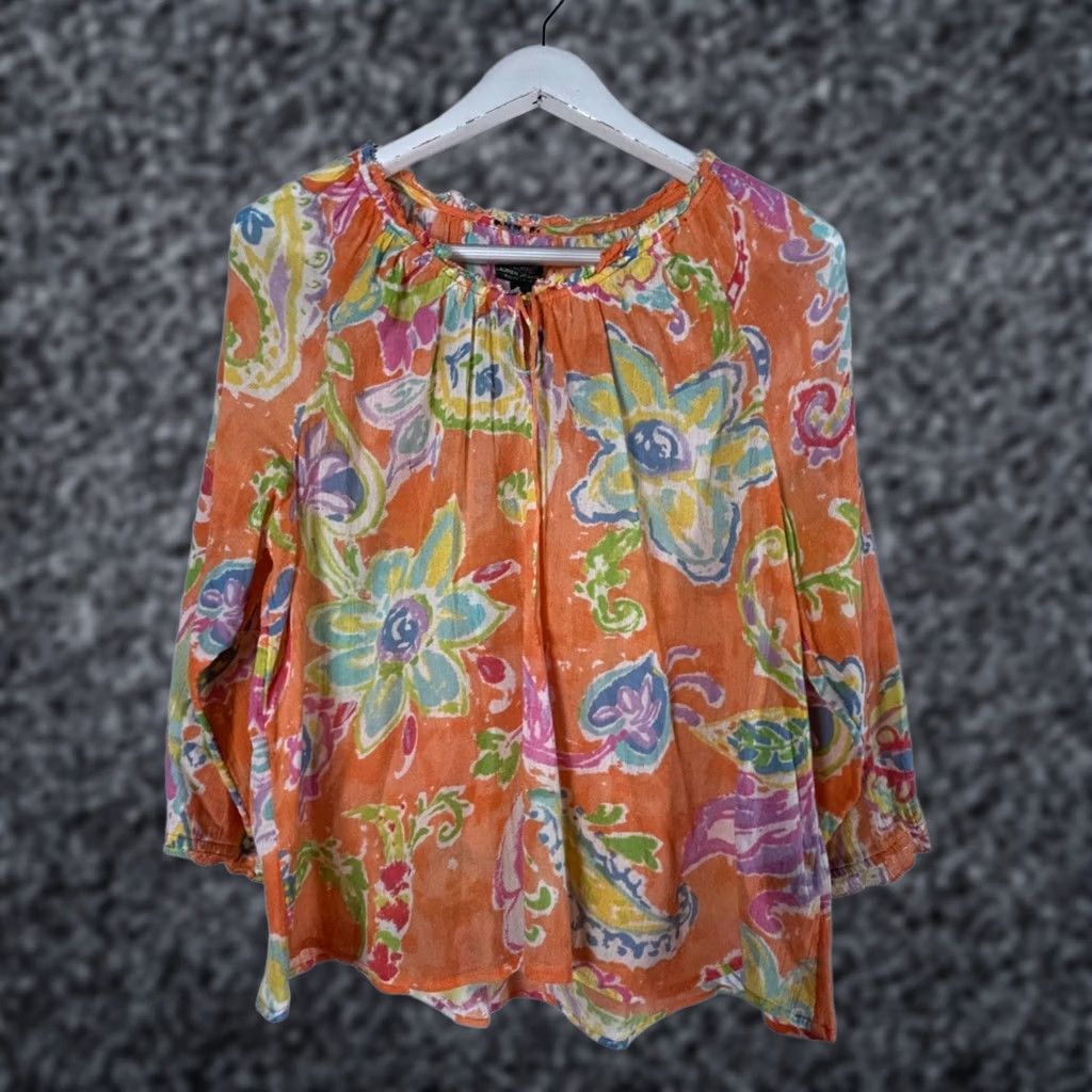 Ralph Lauren Lauren Ralph Lauren Womens Peasant Top Large Floral Orange Pink 100% Cotton Size L / US 10 / IT 46 - 1 Thumbnail