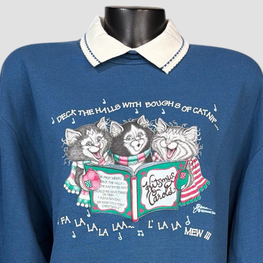 Vintage 80s 90s VTG Kitty Cat Christmas Graphic Whimsical Sweater Sw Size L / US 10 / IT 46 - 2 Thumbnail