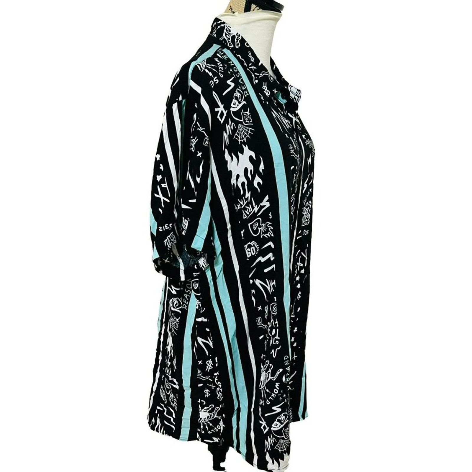 Reason Reasons Black Turquoise Blurry Button Front Shirt 90s Print Size 3XL / US 20-22 - 4 Thumbnail