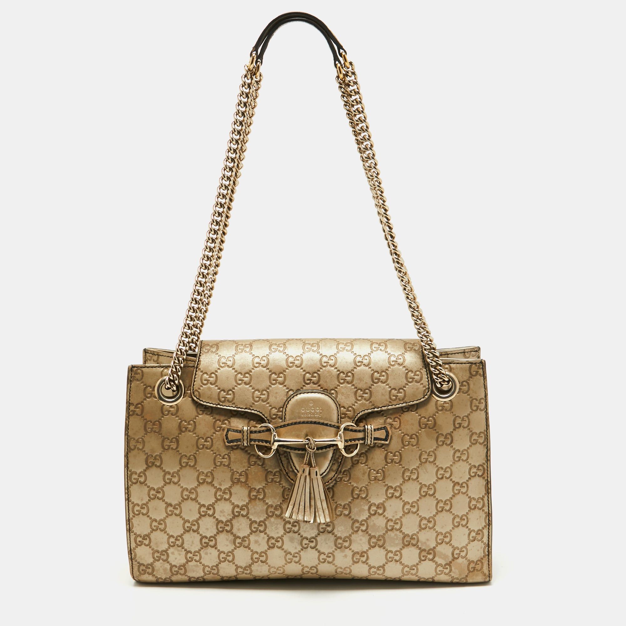 image of Gucci Gold Guccissima Leather Large Emily Chain Shoulder Bag in Black, Women's