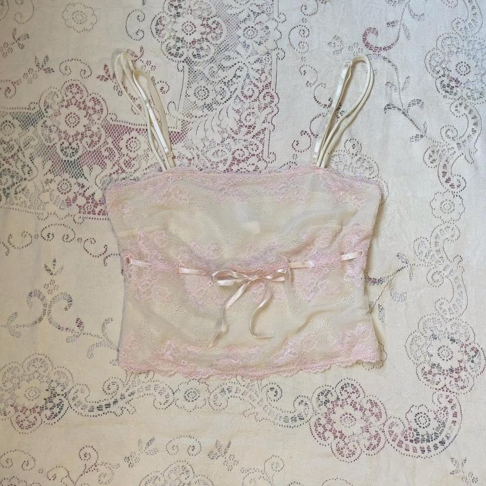 Other Cute Vintage Cream Pink Floral Mesh Camisole (M-L) Size L / US 10 / IT 46 - 1 Thumbnail