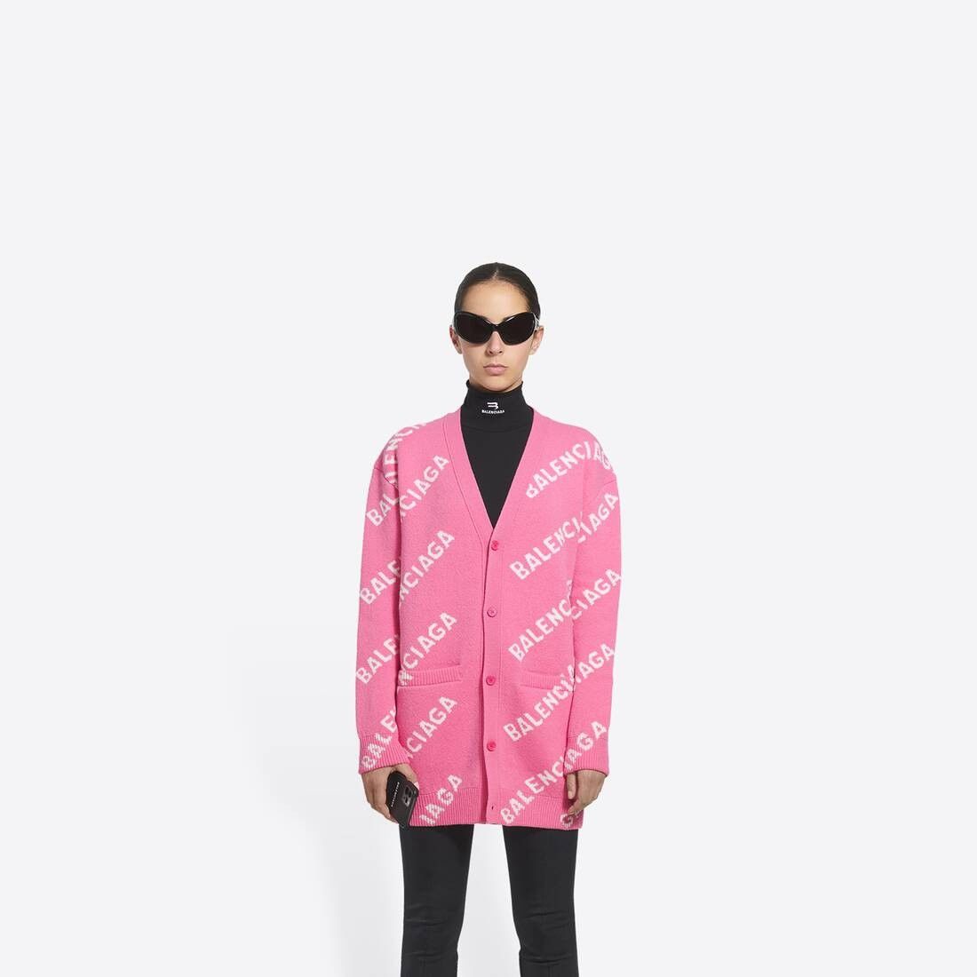 Balenciaga o1bcso1str0525 Allover Logo Cardigan in Pink/White Size XL / US 12-14 / IT 48-50 - 2 Thumbnail