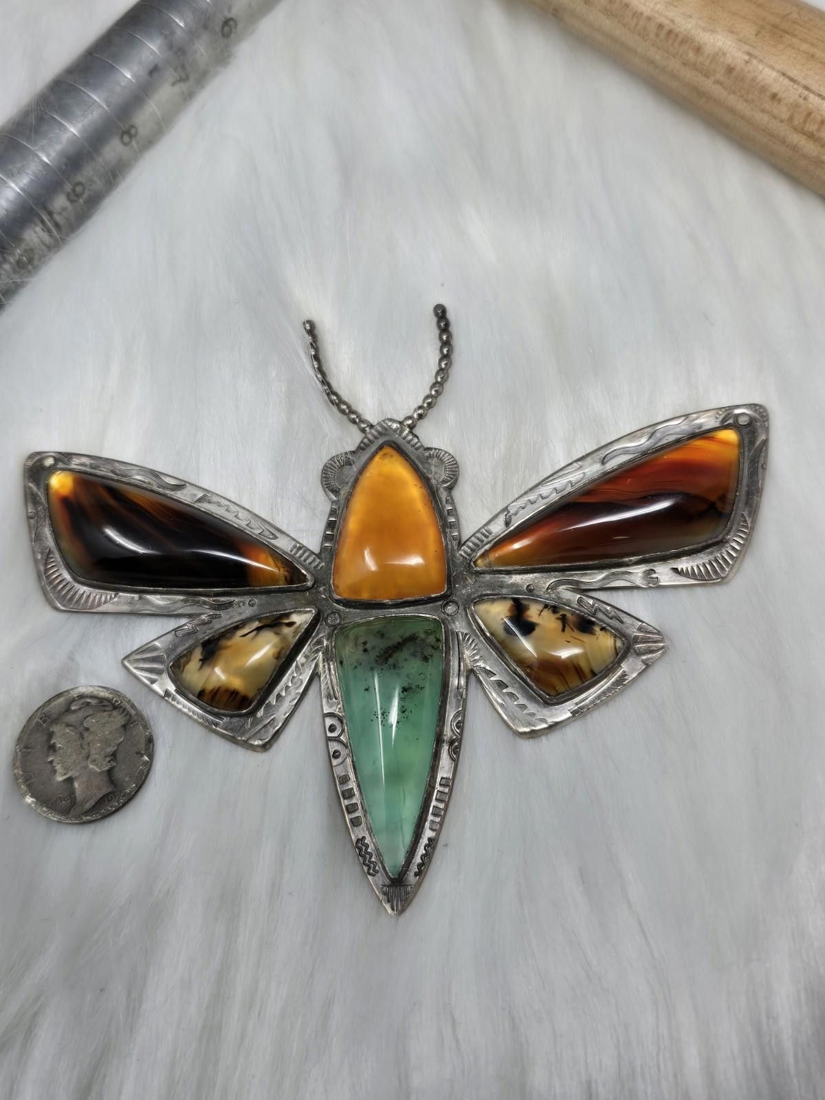 Other Artisan Huge 4" 925 Silver Agate Gaspeite Moth Brooch 50g Size ONE SIZE - 2 Thumbnail