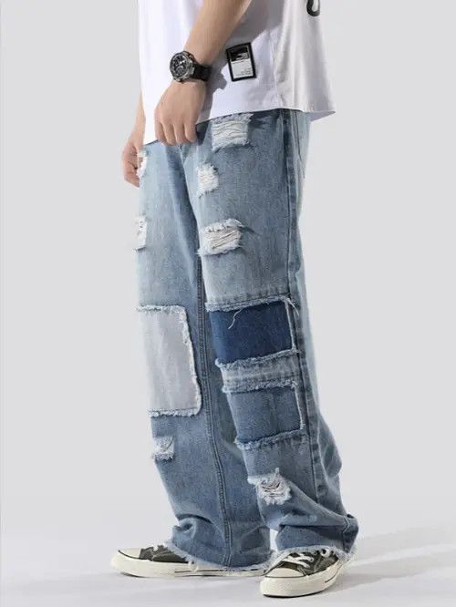 Japanese Brand × Jean American loose straight distressed patch hiphop ripped jeans Size US 32 / EU 48 - 1 Thumbnail