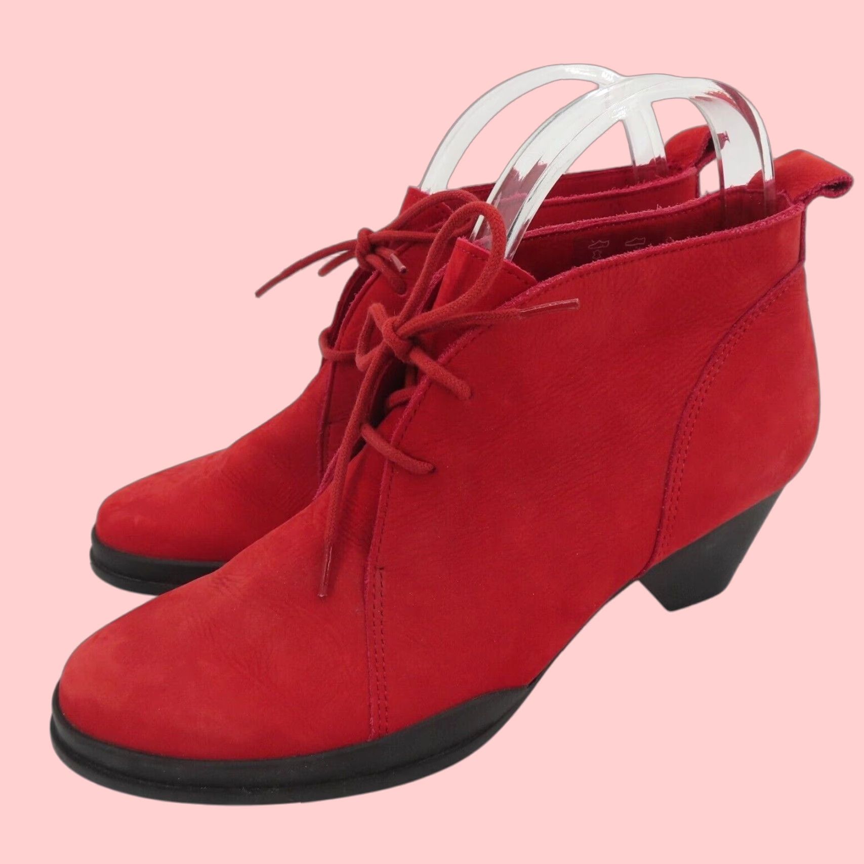 Vintage Arche Red Nubuck Leather Lace Up Ankle Booties Block Heel Shoes Women Size 7 Us 38 Fr