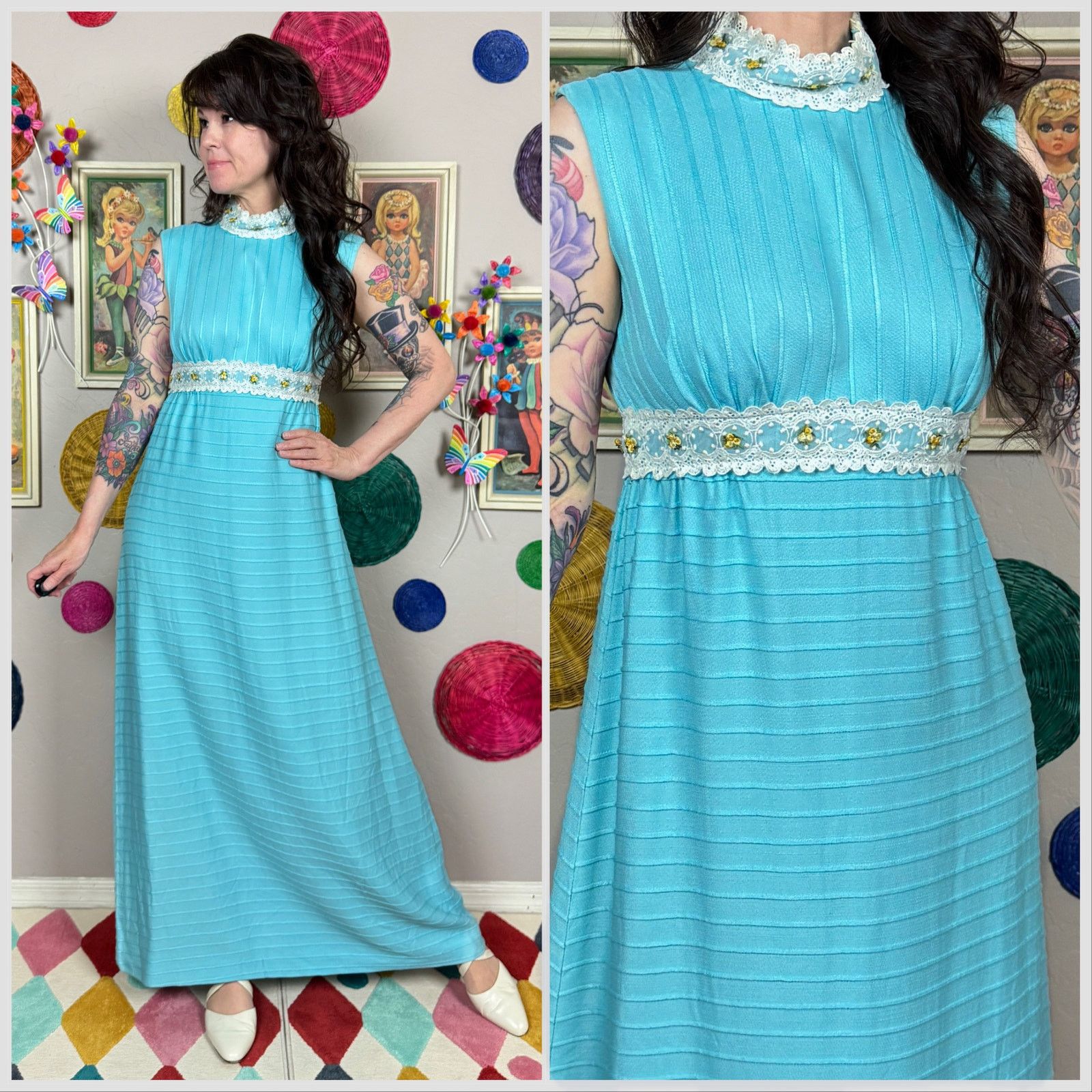 Vintage Vintage 60s Sky Blue Sleeveless A-Line Mock Neck Maxi Dress Size S / US 4 / IT 40 - 1 Thumbnail