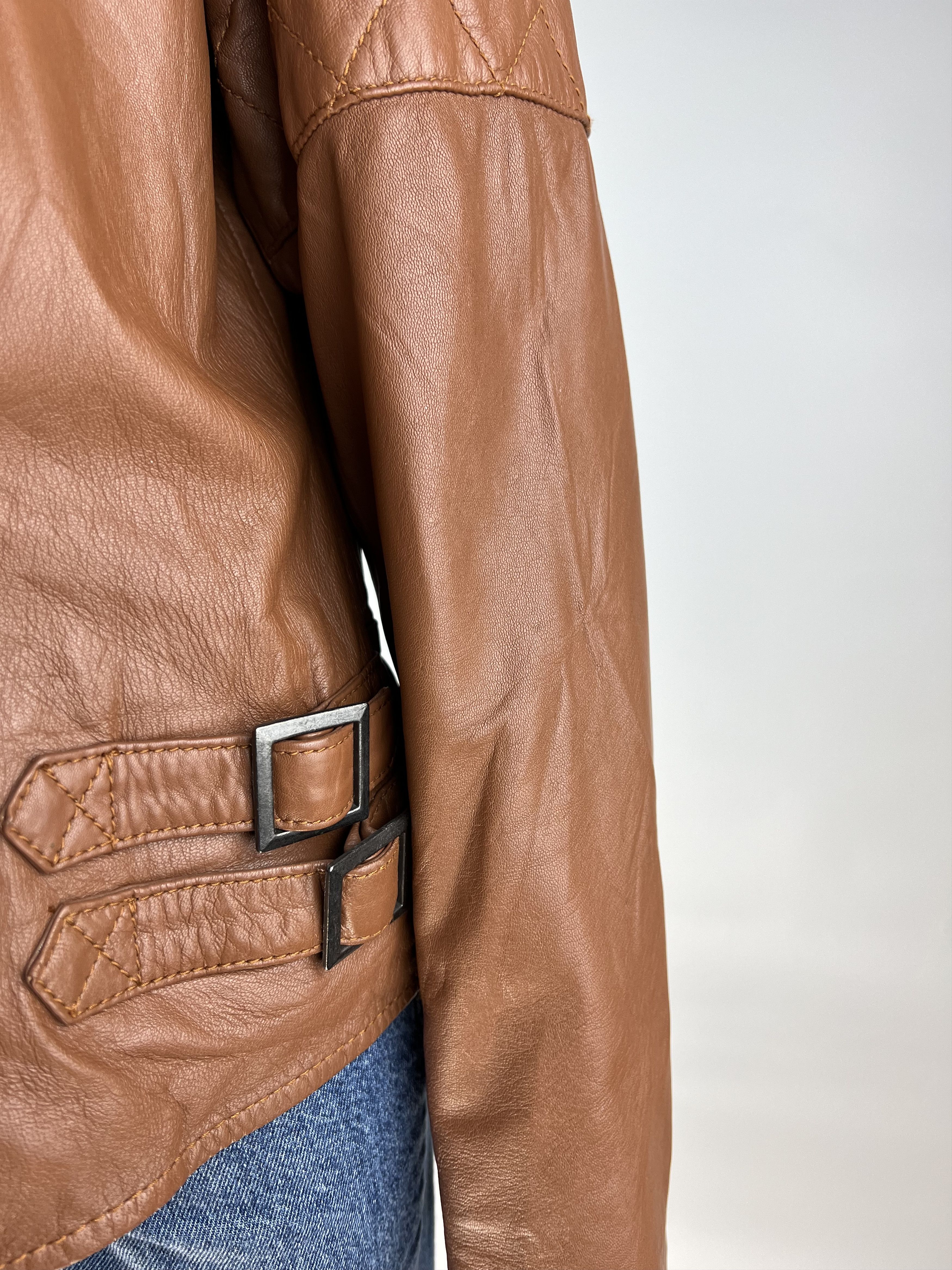 Designer Ibana Women's Brown Leather Biker Jacket Size 46 Size L / US 10 / IT 46 - 6 Thumbnail