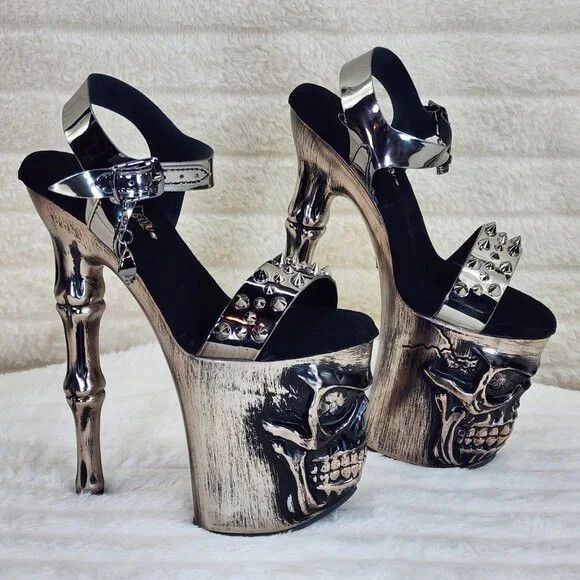 Other Rapture Silver Pewter Spike Skull & Bones 8" High Heel Platf Size US 6 / IT 36 - 3 Thumbnail