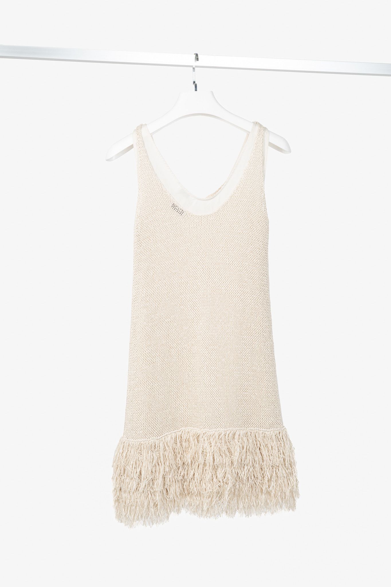 Brunello Cucinelli Brunello Cucinelli Oatmeal Cotton-Knit Fringe-Hem Dress Size S / US 4 / IT 40 - 2 Thumbnail