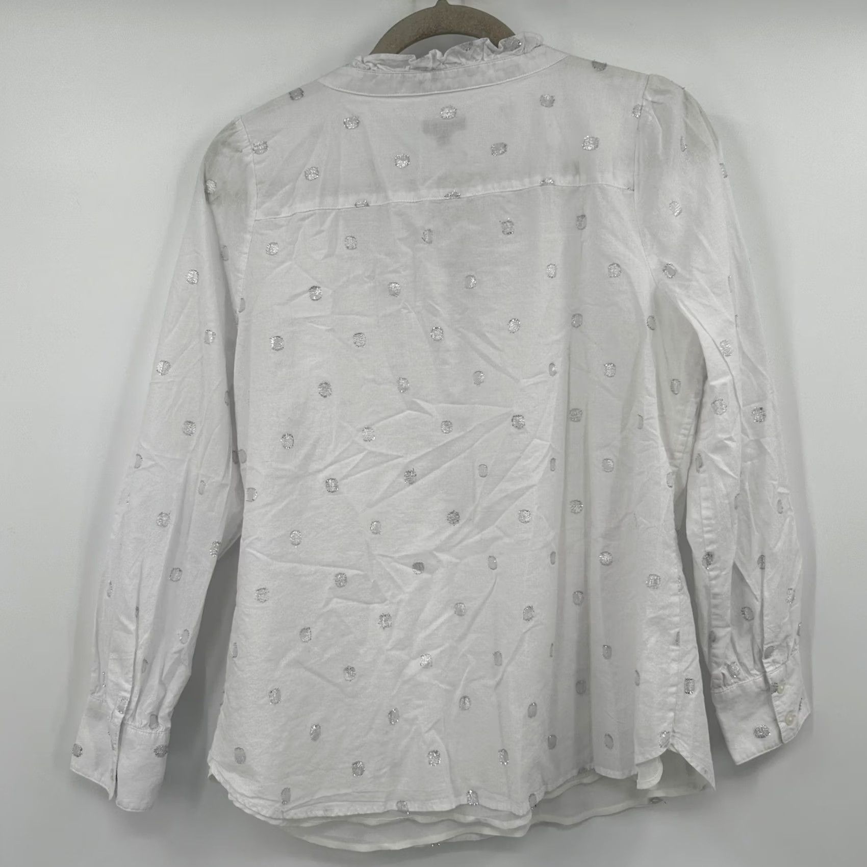 Talbots Talbots Womens White Silver Metallic Polka Dot Ruffle Split Neck Blouse M Size M / US 6-8 / IT 42-44 - 5 Thumbnail