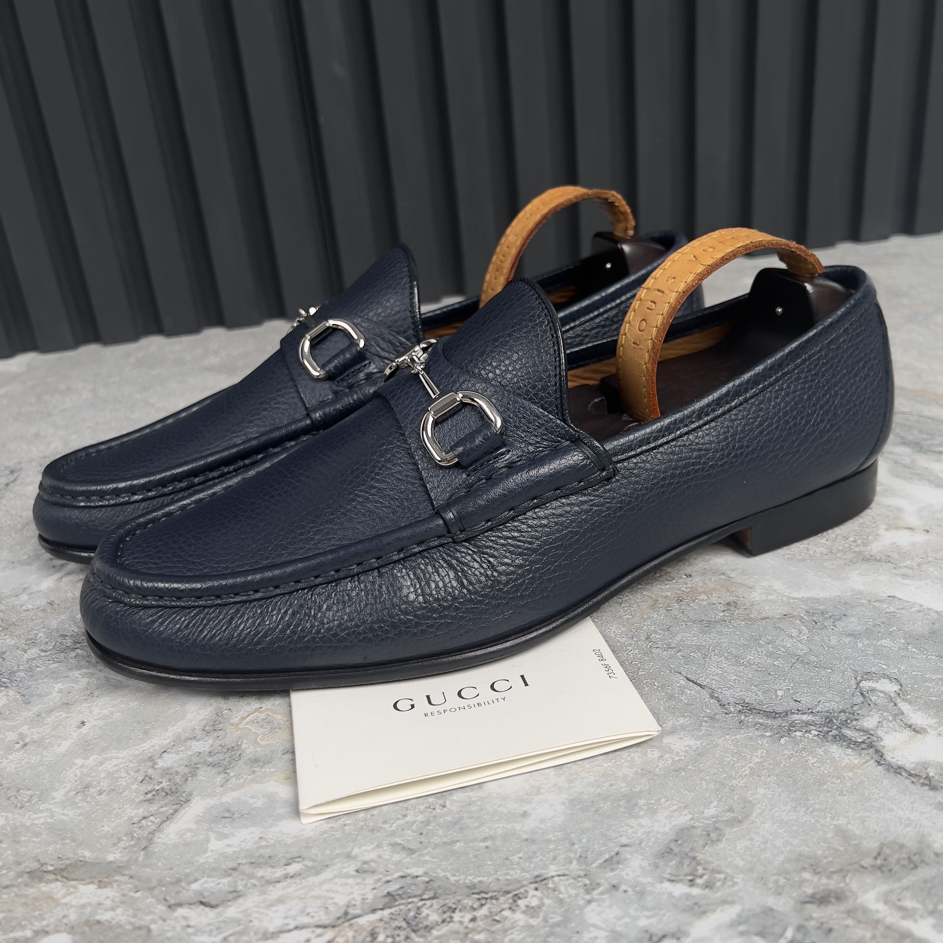 Gucci 1955 Horsebit Loafers Heel Shoes Grain Leather in Blue, Men's (Size 9.5)