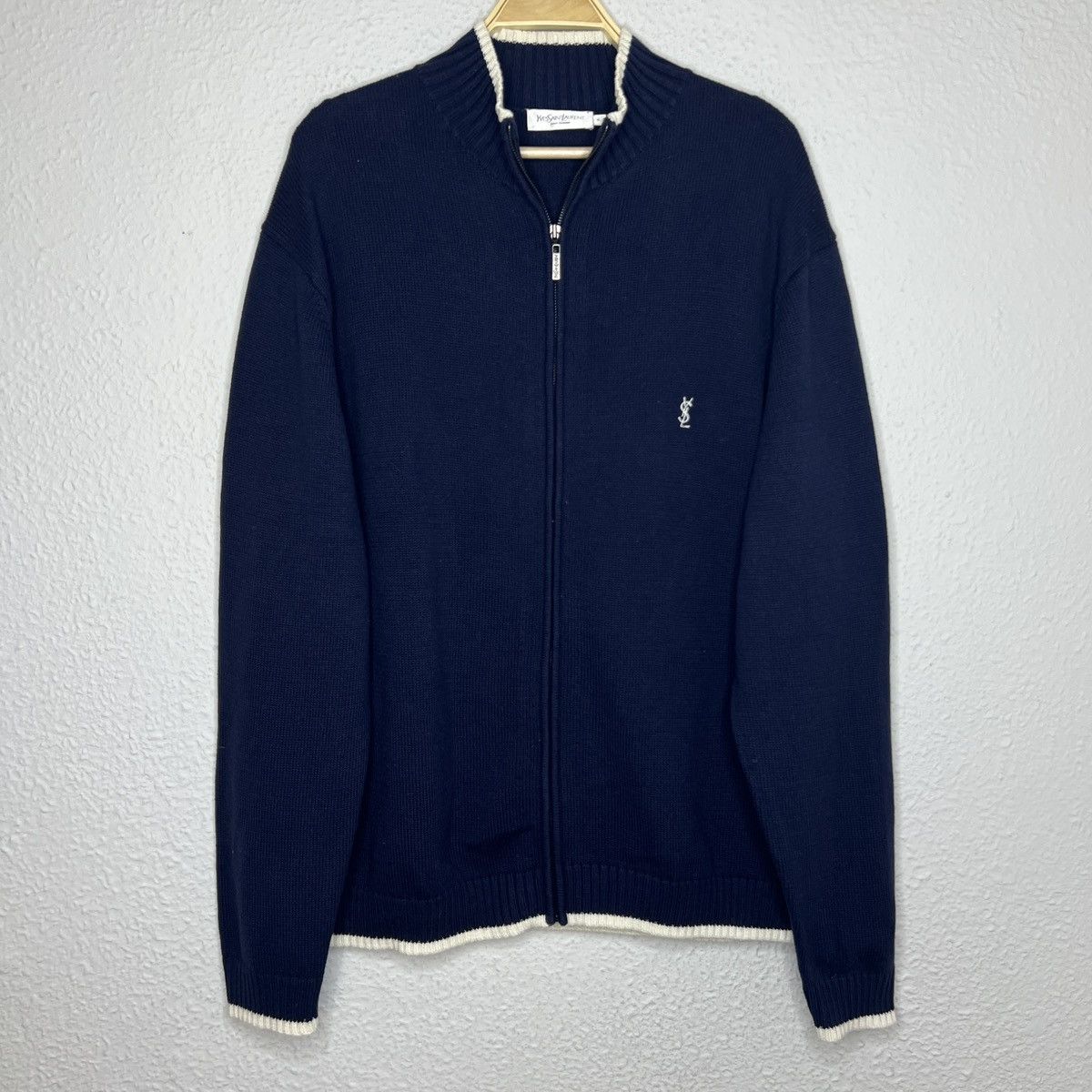 Image of Designer YVES Saint Laurent YSL Jumper Zip Sweater Knitwear Navy, Men's (Size XL)